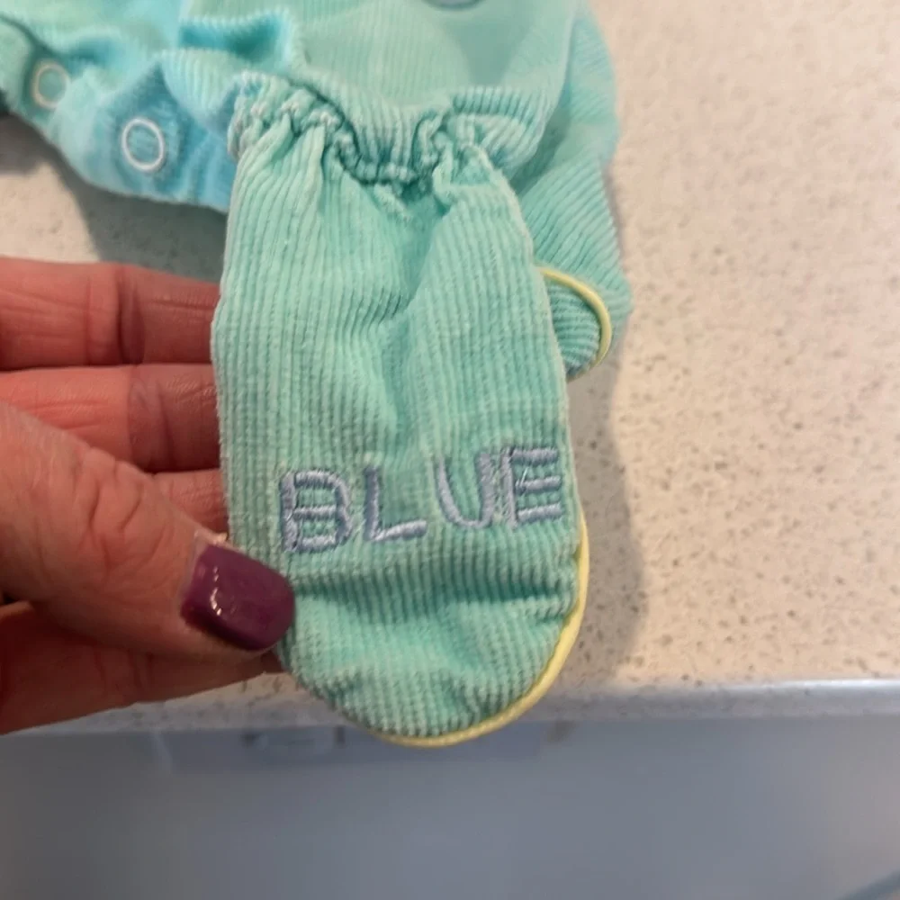 Vintage baby boys overalls plane green and blue embroidered on foot 0-6 months